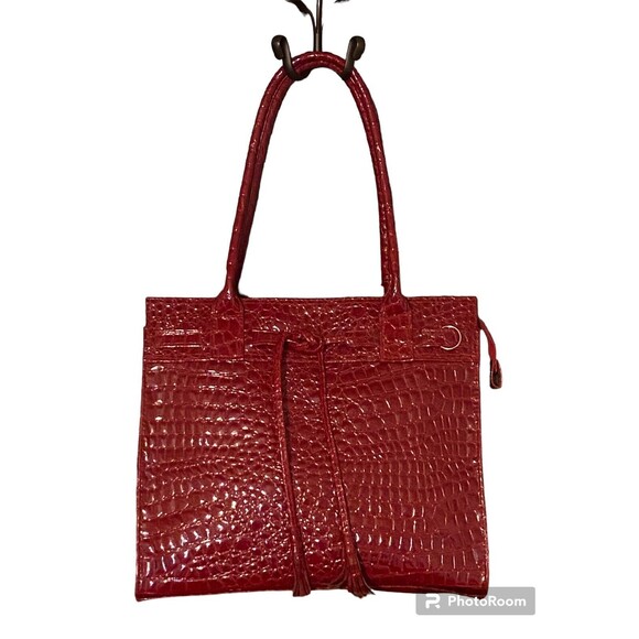 Elizabeth Arden Embossed Alligator Glossy Tassels Large Red Tote Bag Handbag - Picture 2 of 16